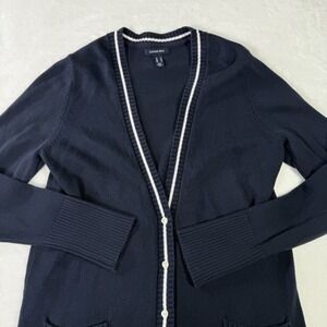 Lands End Cardigan Sweater Womens Medium Navy Blue‎ Nautical Ribbed Ruffle